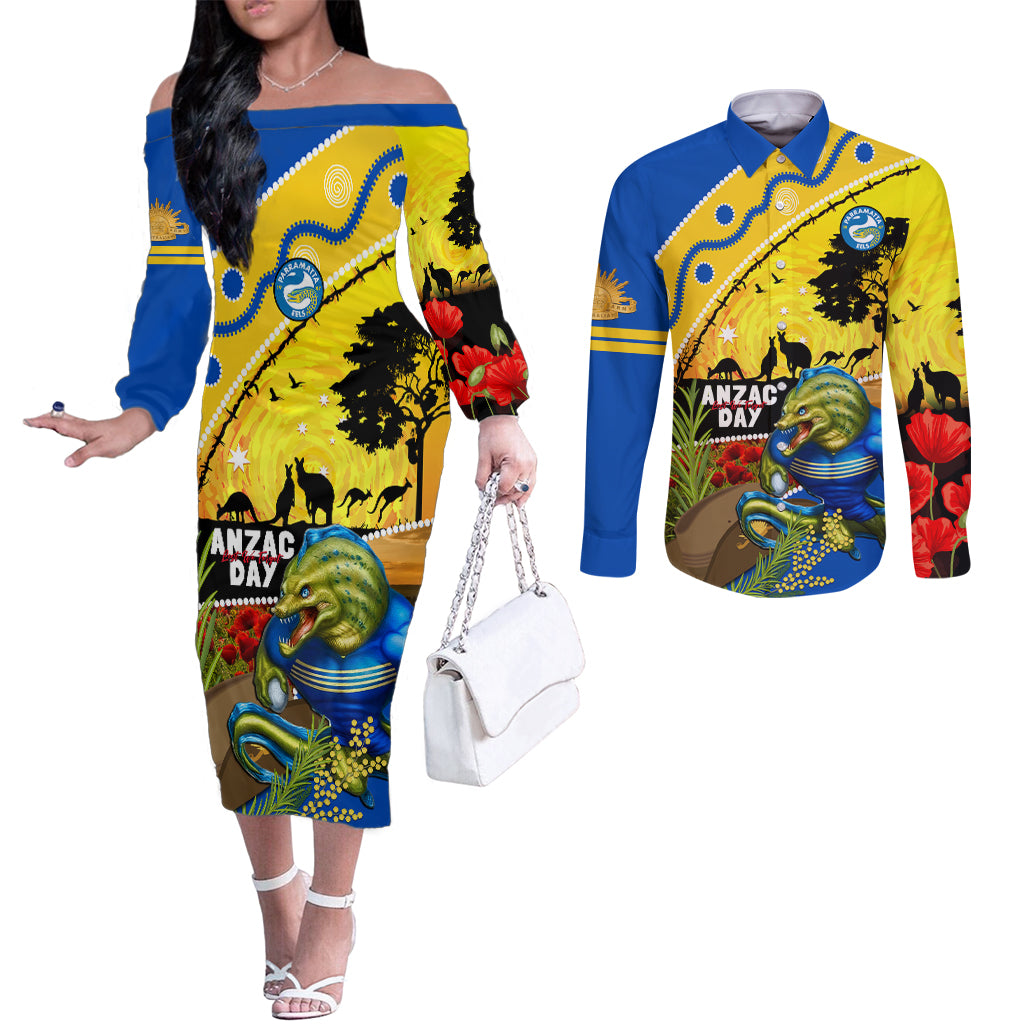 Eels Rugby ANZAC Day Couples Matching Off The Shoulder Long Sleeve Dress and Long Sleeve Button Shirt Parra Mascot Rosemary Starry Night