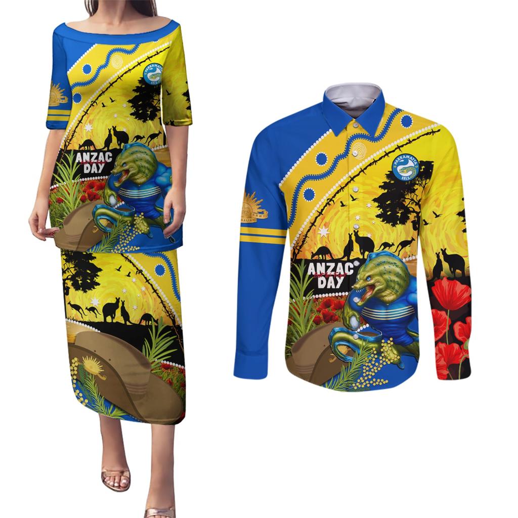 Eels Rugby ANZAC Day Couples Matching Puletasi and Long Sleeve Button Shirt Parra Mascot Rosemary Starry Night