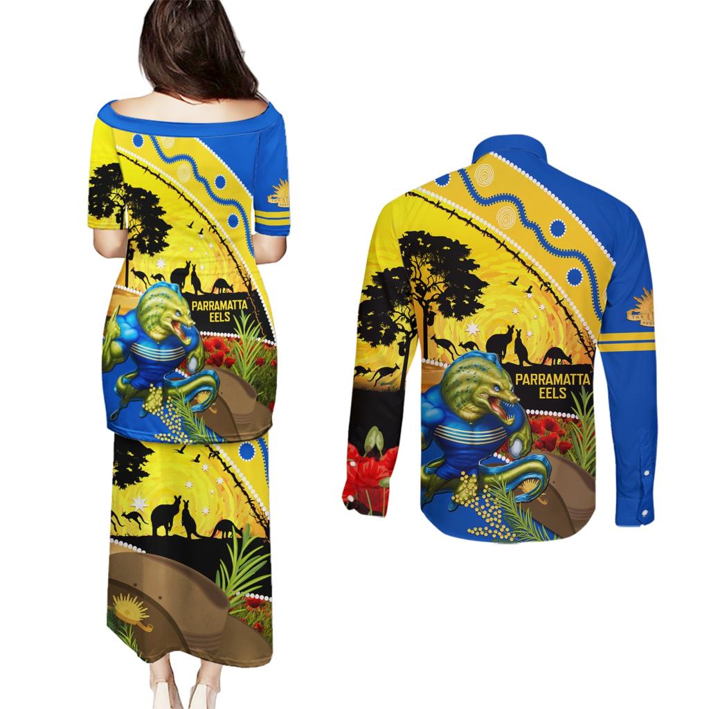 Eels Rugby ANZAC Day Couples Matching Puletasi and Long Sleeve Button Shirt Parra Mascot Rosemary Starry Night