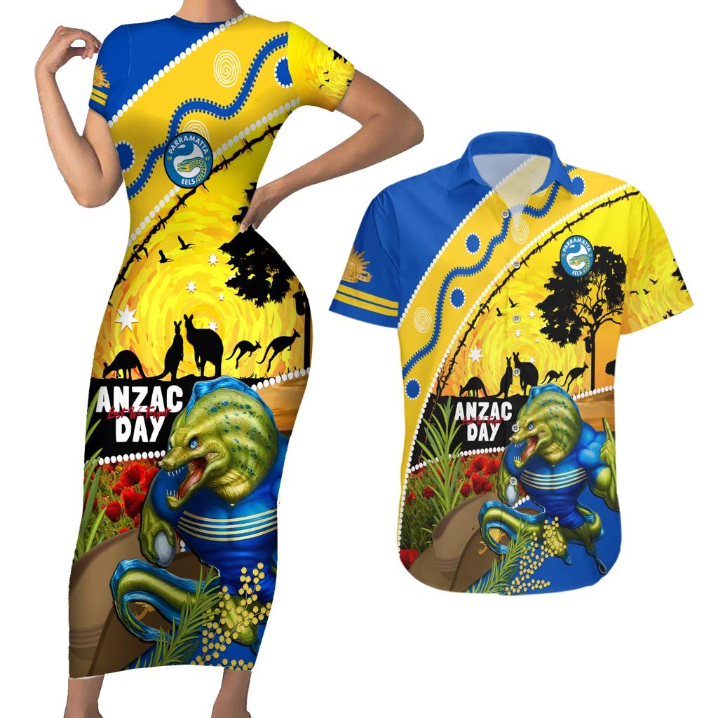 Eels Rugby ANZAC Day Couples Matching Short Sleeve Bodycon Dress and Hawaiian Shirt Parra Mascot Rosemary Starry Night