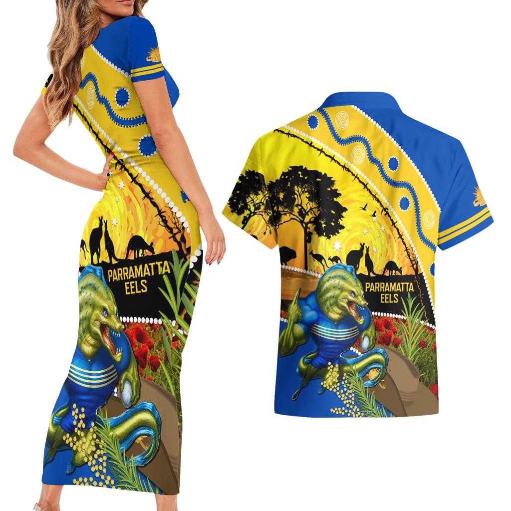 Eels Rugby ANZAC Day Couples Matching Short Sleeve Bodycon Dress and Hawaiian Shirt Parra Mascot Rosemary Starry Night