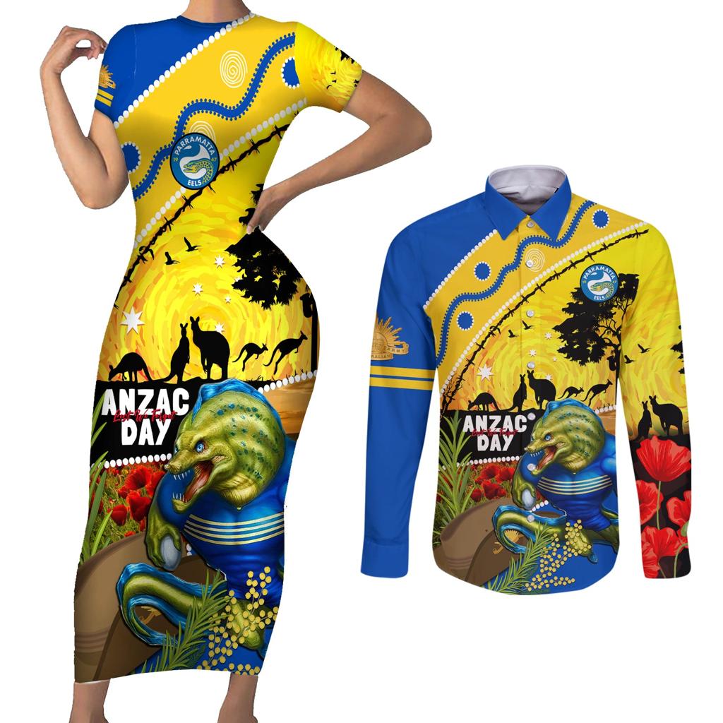 Eels Rugby ANZAC Day Couples Matching Short Sleeve Bodycon Dress and Long Sleeve Button Shirt Parra Mascot Rosemary Starry Night