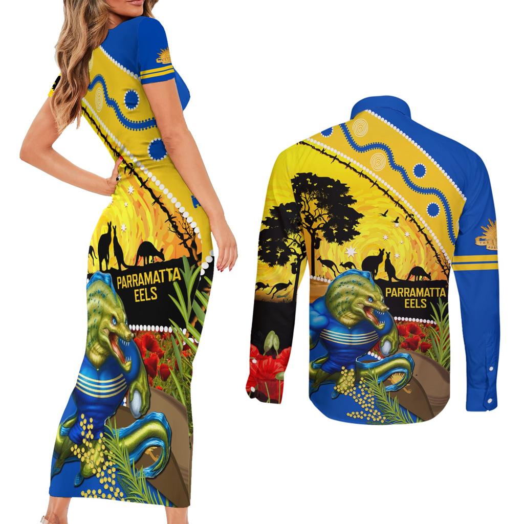 Eels Rugby ANZAC Day Couples Matching Short Sleeve Bodycon Dress and Long Sleeve Button Shirt Parra Mascot Rosemary Starry Night