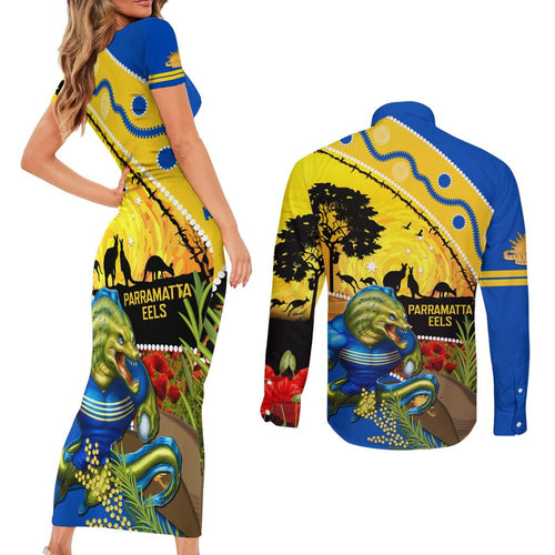 Eels Rugby ANZAC Day Couples Matching Short Sleeve Bodycon Dress and Long Sleeve Button Shirt Parra Mascot Rosemary Starry Night