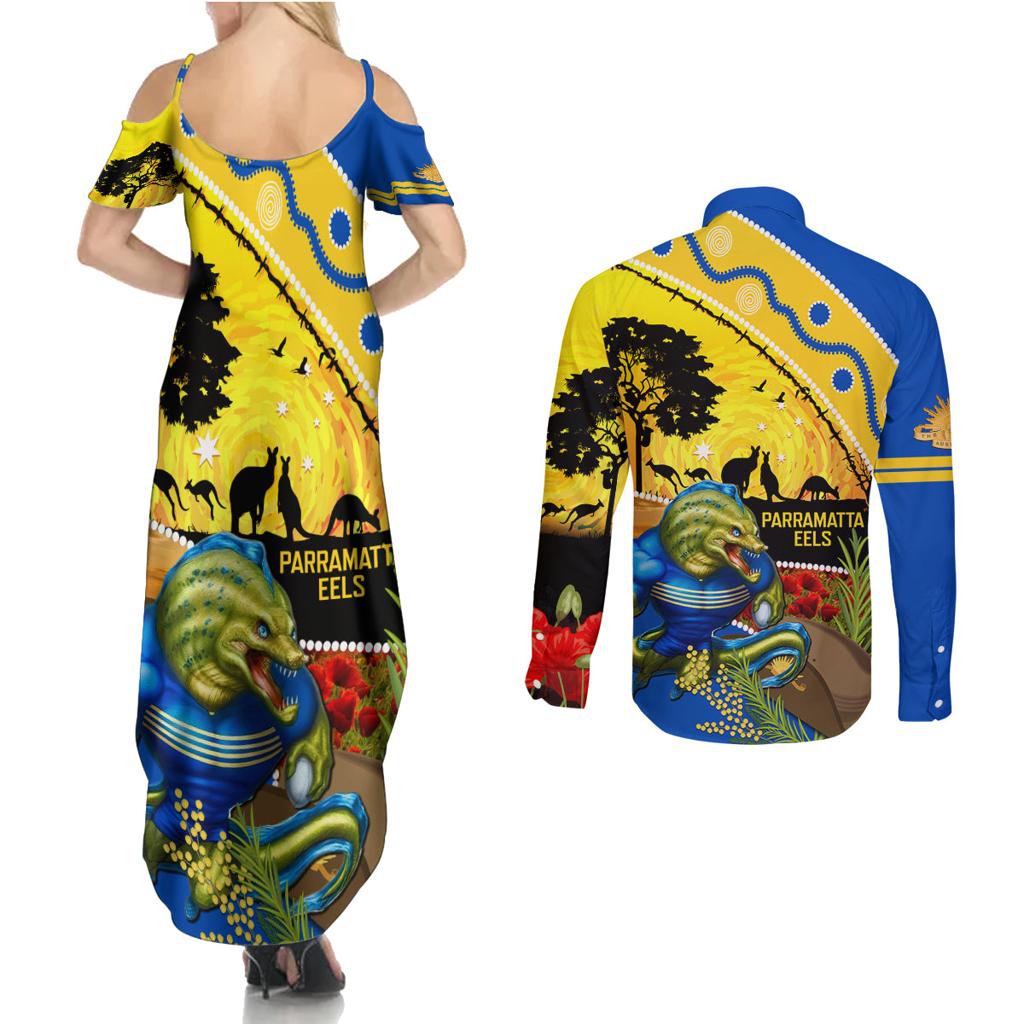 Eels Rugby ANZAC Day Couples Matching Summer Maxi Dress and Long Sleeve Button Shirt Parra Mascot Rosemary Starry Night