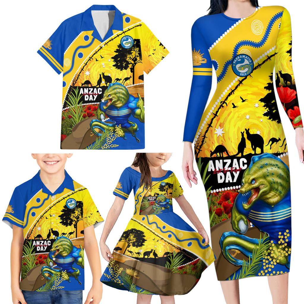 Eels Rugby ANZAC Day Family Matching Long Sleeve Bodycon Dress and Hawaiian Shirt Parra Mascot Rosemary Starry Night