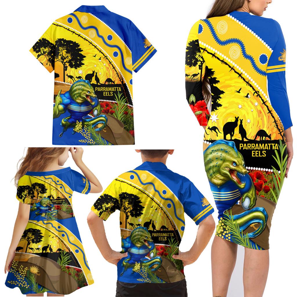 Eels Rugby ANZAC Day Family Matching Long Sleeve Bodycon Dress and Hawaiian Shirt Parra Mascot Rosemary Starry Night