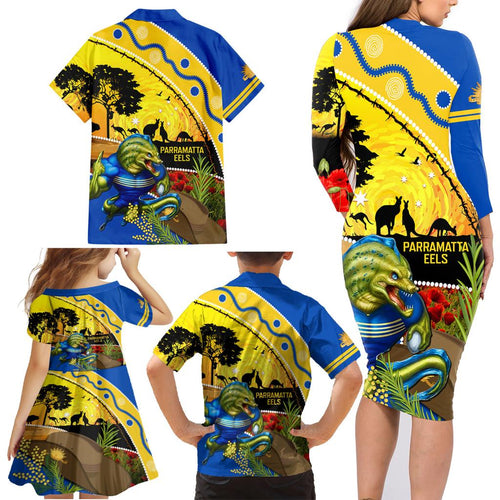 Eels Rugby ANZAC Day Family Matching Long Sleeve Bodycon Dress and Hawaiian Shirt Parra Mascot Rosemary Starry Night