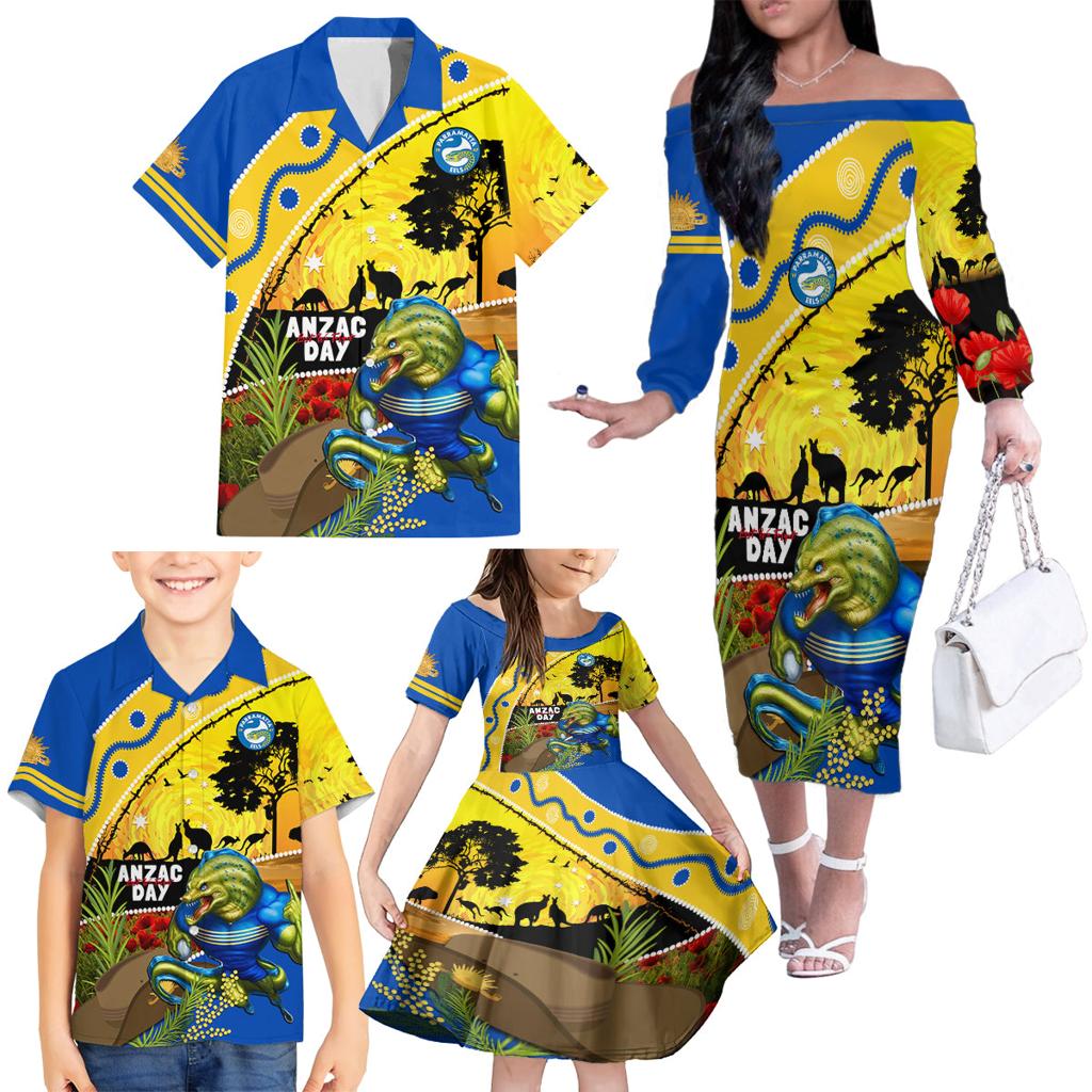 Eels Rugby ANZAC Day Family Matching Off Shoulder Long Sleeve Dress and Hawaiian Shirt Parra Mascot Rosemary Starry Night