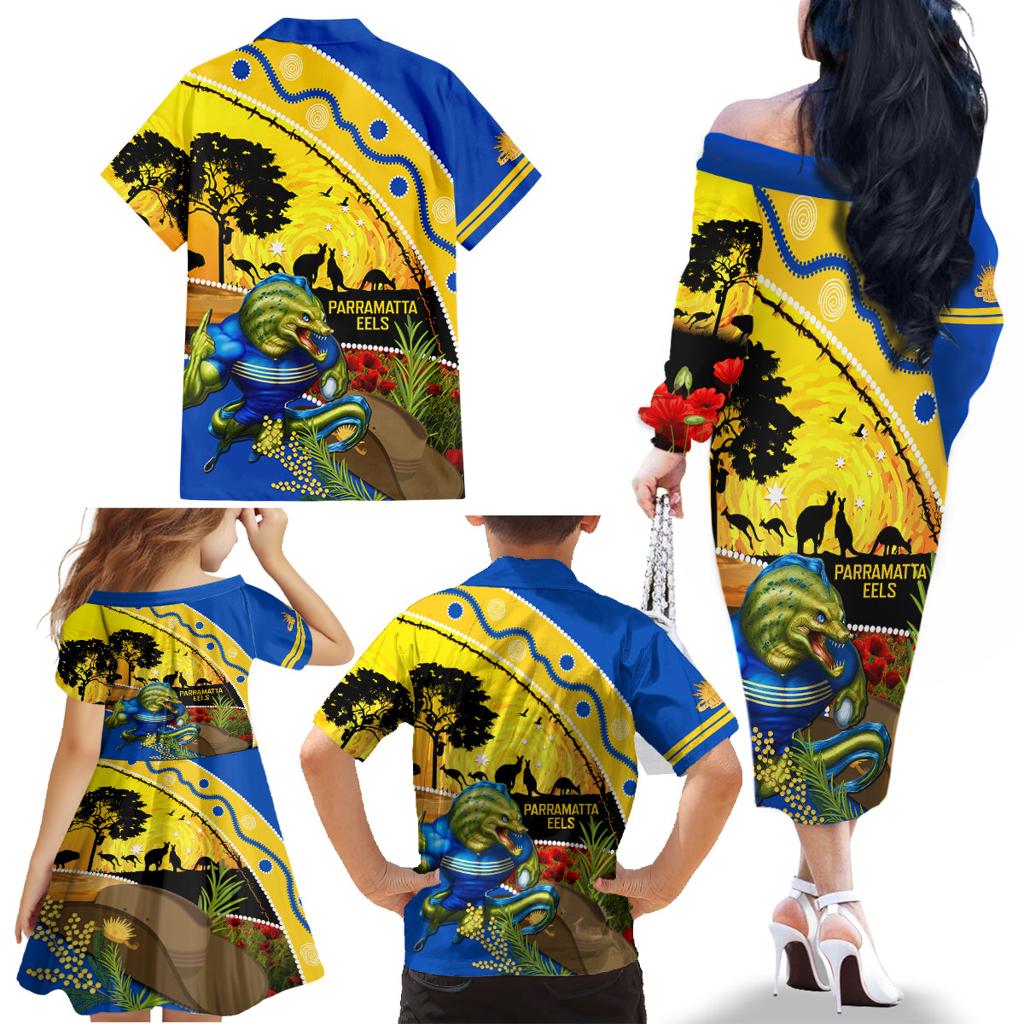 Eels Rugby ANZAC Day Family Matching Off Shoulder Long Sleeve Dress and Hawaiian Shirt Parra Mascot Rosemary Starry Night