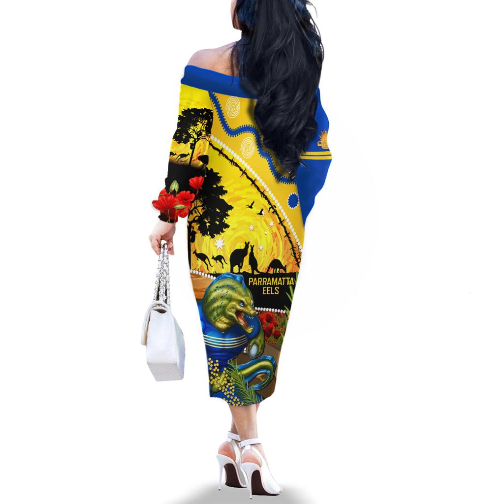 Eels Rugby ANZAC Day Family Matching Off Shoulder Long Sleeve Dress and Hawaiian Shirt Parra Mascot Rosemary Starry Night