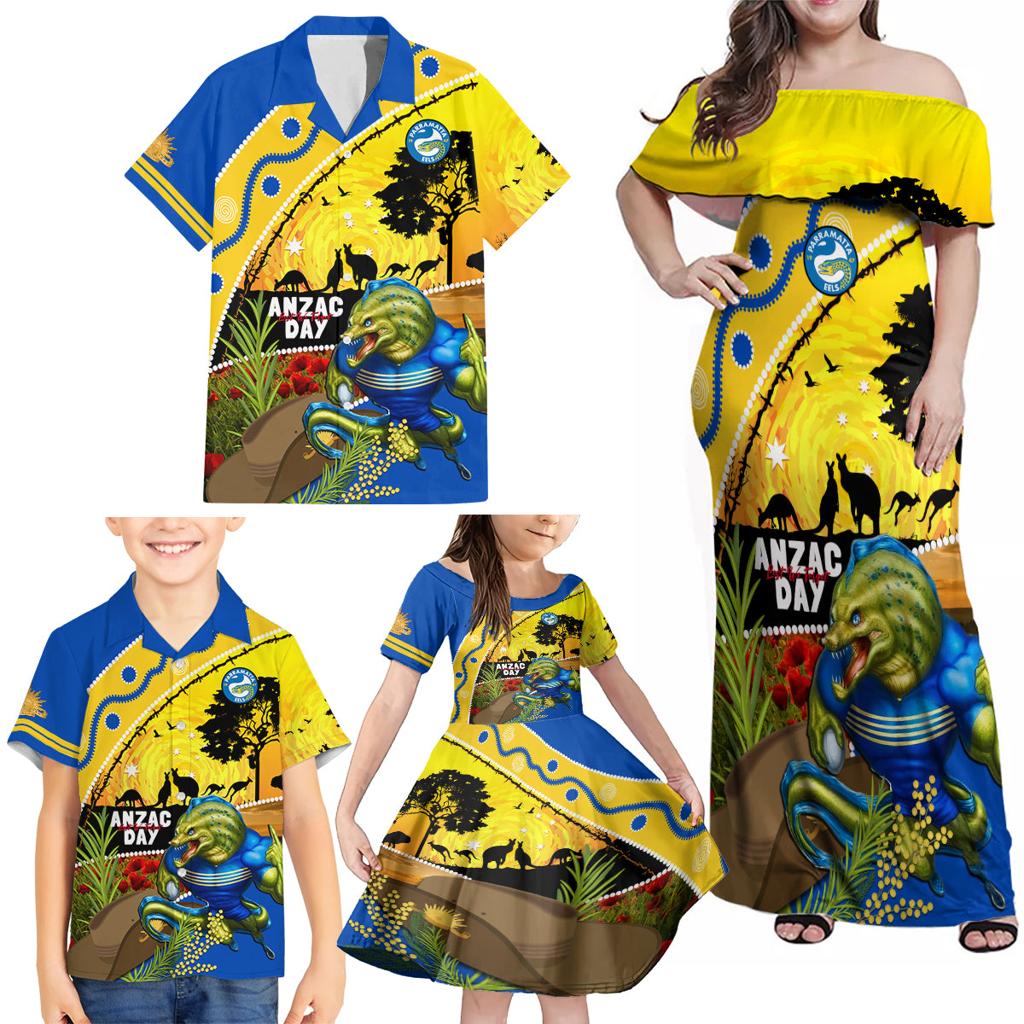 Eels Rugby ANZAC Day Family Matching Off Shoulder Maxi Dress and Hawaiian Shirt Parra Mascot Rosemary Starry Night