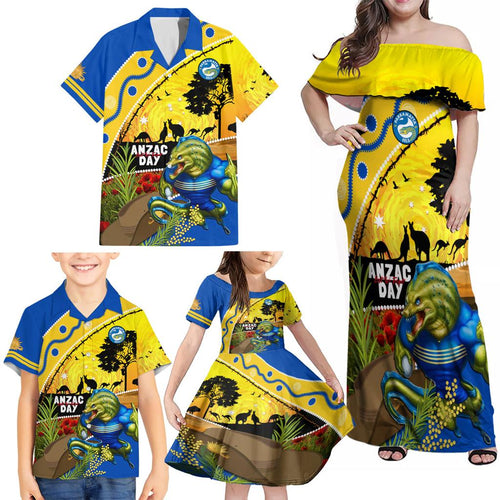 Eels Rugby ANZAC Day Family Matching Off Shoulder Maxi Dress and Hawaiian Shirt Parra Mascot Rosemary Starry Night