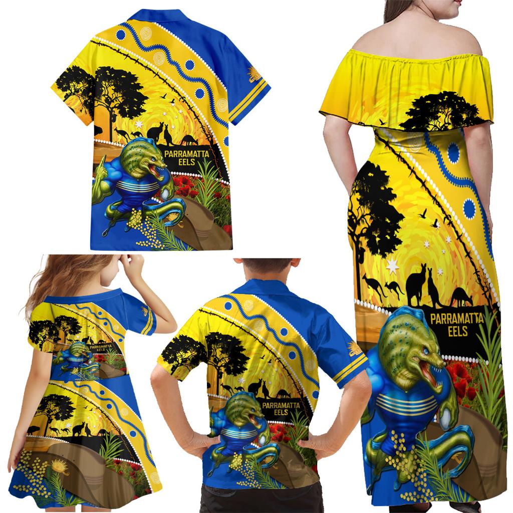 Eels Rugby ANZAC Day Family Matching Off Shoulder Maxi Dress and Hawaiian Shirt Parra Mascot Rosemary Starry Night