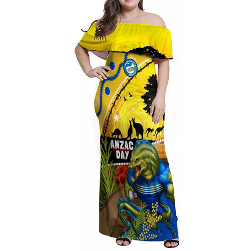 Eels Rugby ANZAC Day Family Matching Off Shoulder Maxi Dress and Hawaiian Shirt Parra Mascot Rosemary Starry Night