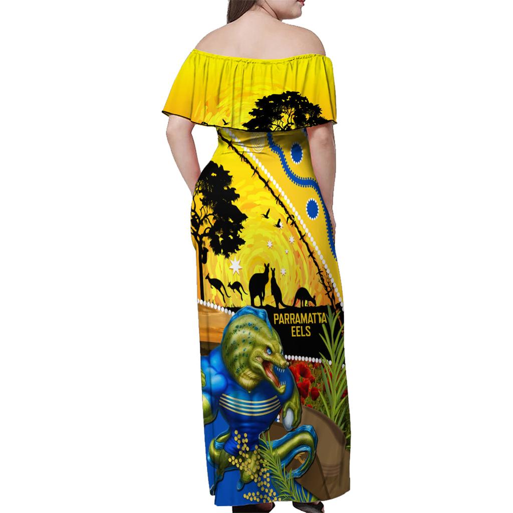 Eels Rugby ANZAC Day Family Matching Off Shoulder Maxi Dress and Hawaiian Shirt Parra Mascot Rosemary Starry Night