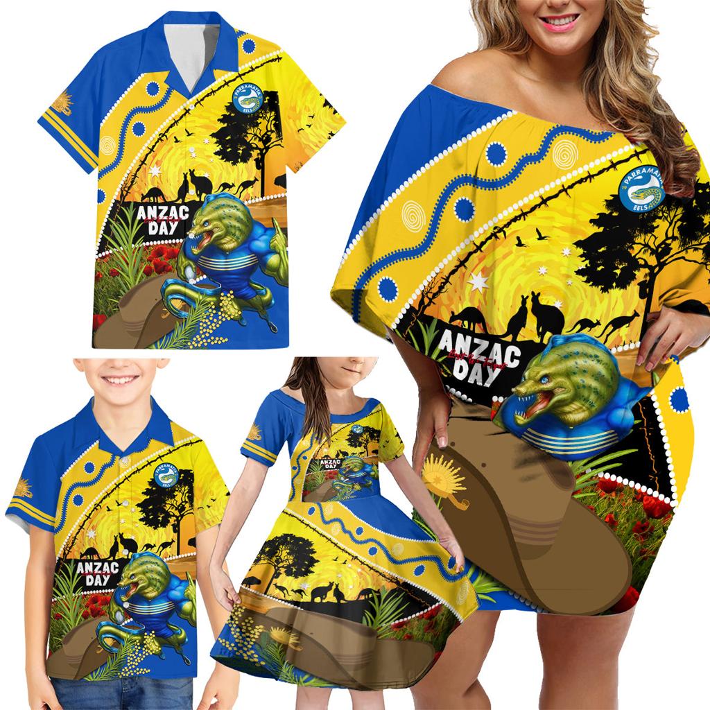 Eels Rugby ANZAC Day Family Matching Off Shoulder Short Dress and Hawaiian Shirt Parra Mascot Rosemary Starry Night