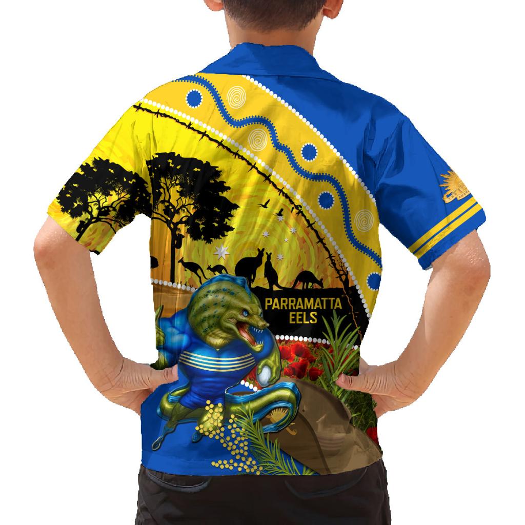 Eels Rugby ANZAC Day Family Matching Off Shoulder Short Dress and Hawaiian Shirt Parra Mascot Rosemary Starry Night