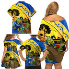 Eels Rugby ANZAC Day Family Matching Off Shoulder Short Dress and Hawaiian Shirt Parra Mascot Rosemary Starry Night