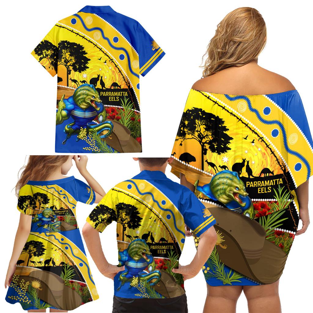 Eels Rugby ANZAC Day Family Matching Off Shoulder Short Dress and Hawaiian Shirt Parra Mascot Rosemary Starry Night