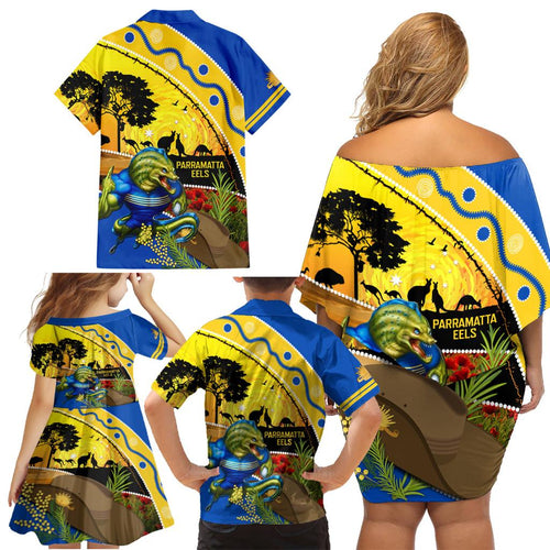 Eels Rugby ANZAC Day Family Matching Off Shoulder Short Dress and Hawaiian Shirt Parra Mascot Rosemary Starry Night
