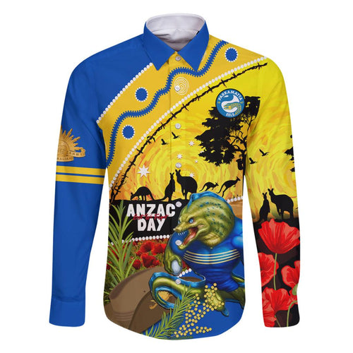 Eels Rugby ANZAC Day Family Matching Off Shoulder Short Dress and Hawaiian Shirt Parra Mascot Rosemary Starry Night