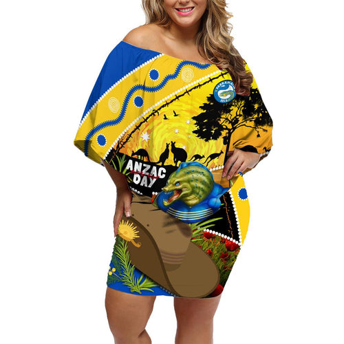 Eels Rugby ANZAC Day Family Matching Off Shoulder Short Dress and Hawaiian Shirt Parra Mascot Rosemary Starry Night