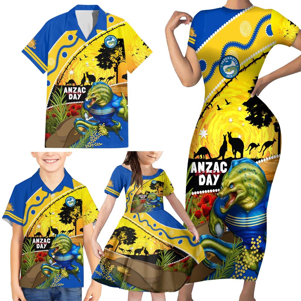 Eels Rugby ANZAC Day Family Matching Short Sleeve Bodycon Dress and Hawaiian Shirt Parra Mascot Rosemary Starry Night