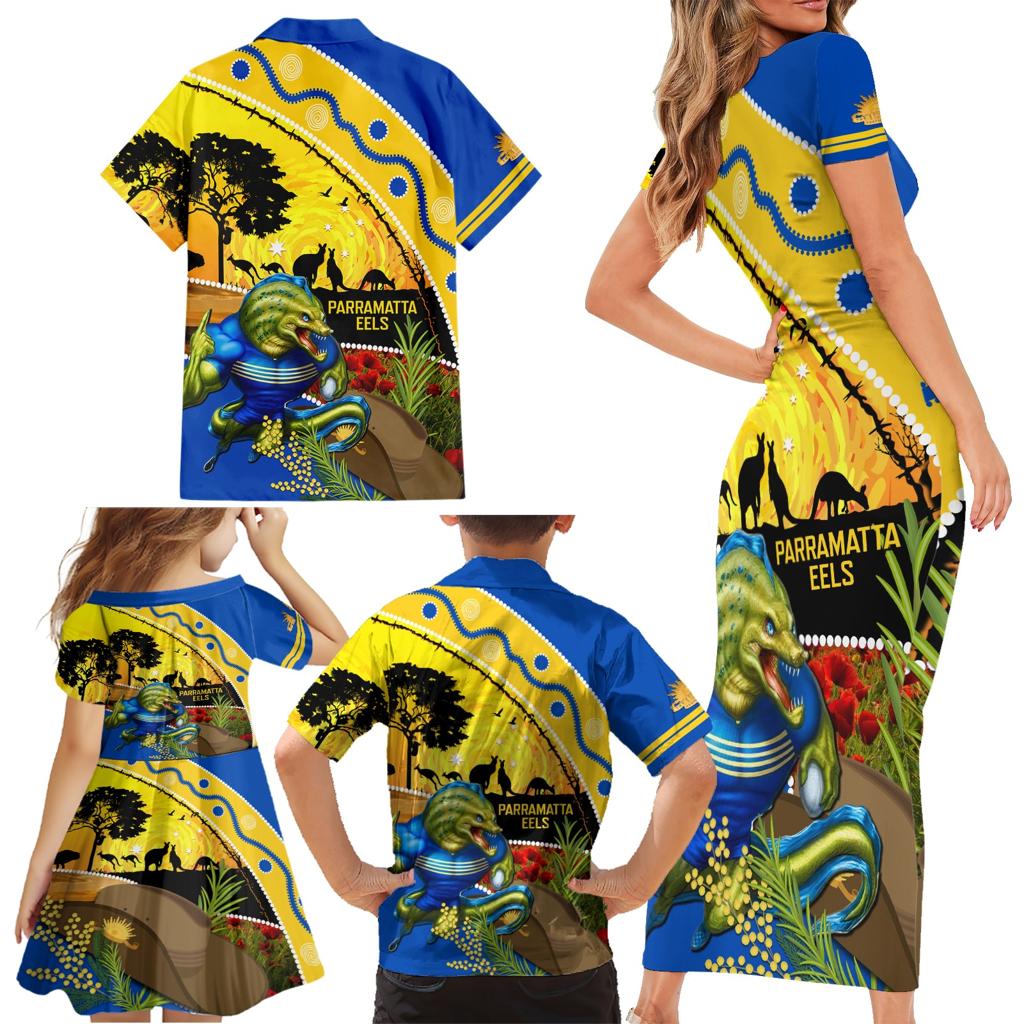 Eels Rugby ANZAC Day Family Matching Short Sleeve Bodycon Dress and Hawaiian Shirt Parra Mascot Rosemary Starry Night