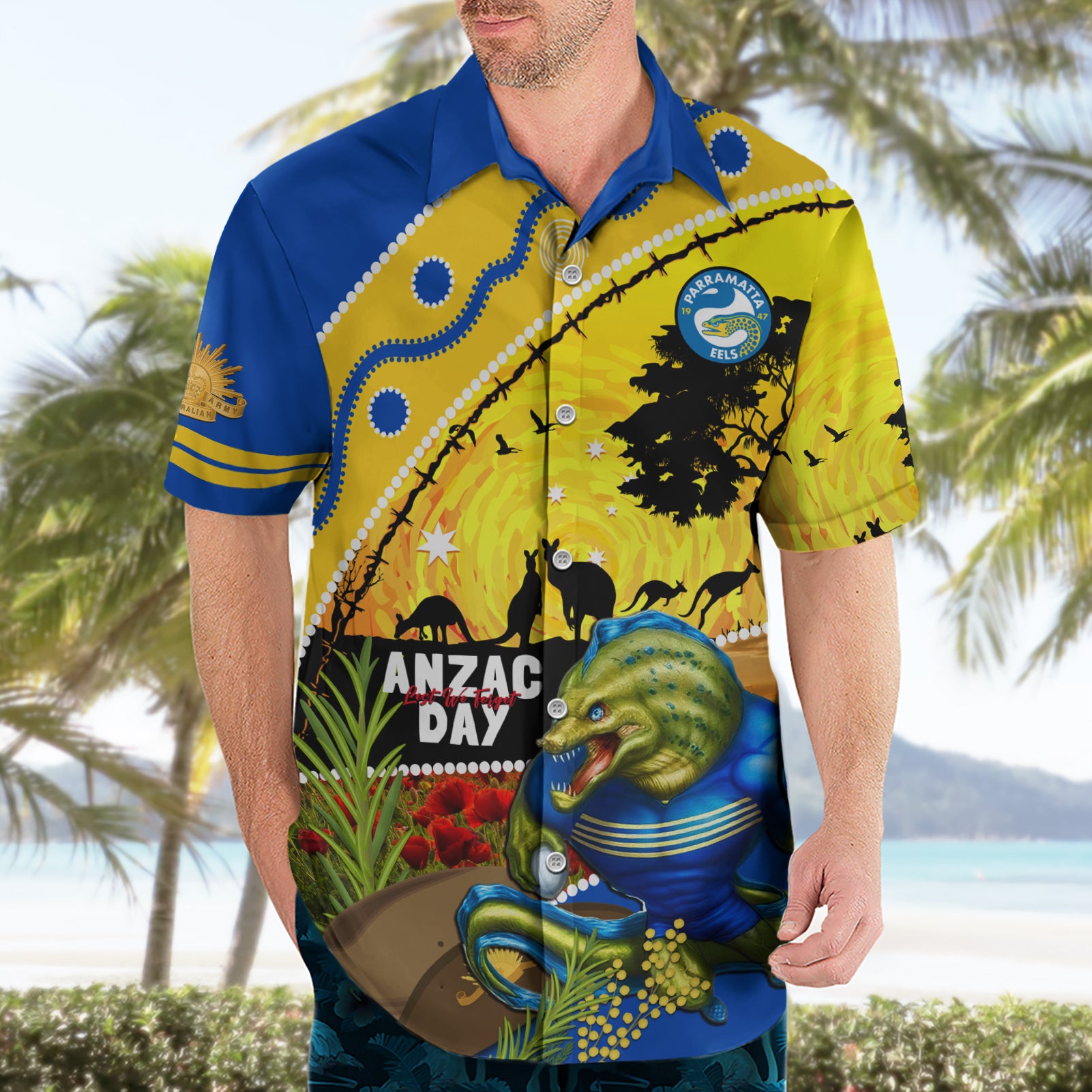 Eels Rugby ANZAC Day Hawaiian Shirt Parra Mascot Rosemary Starry Night