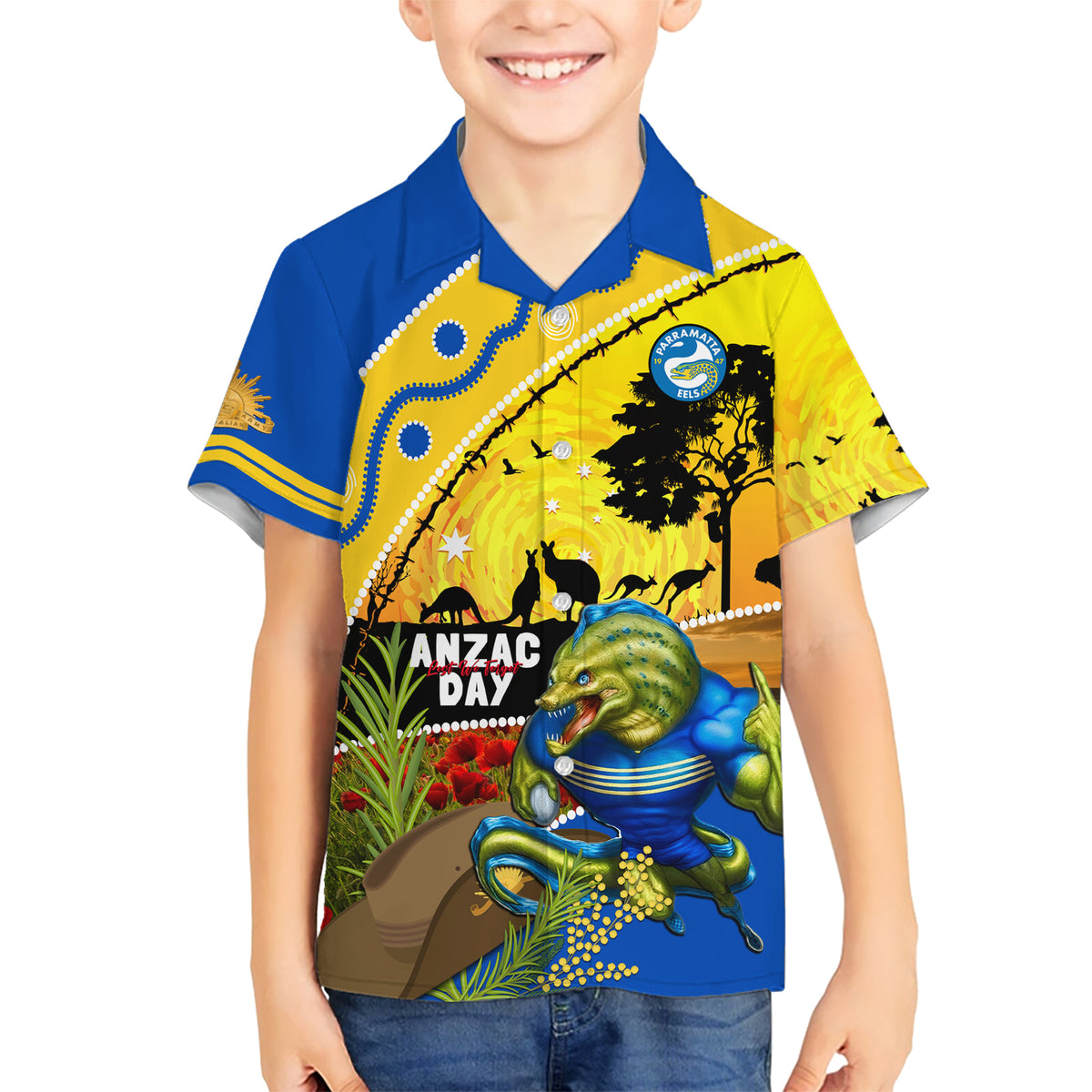 Eels Rugby ANZAC Day Kid Hawaiian Shirt Parra Mascot Rosemary Starry Night
