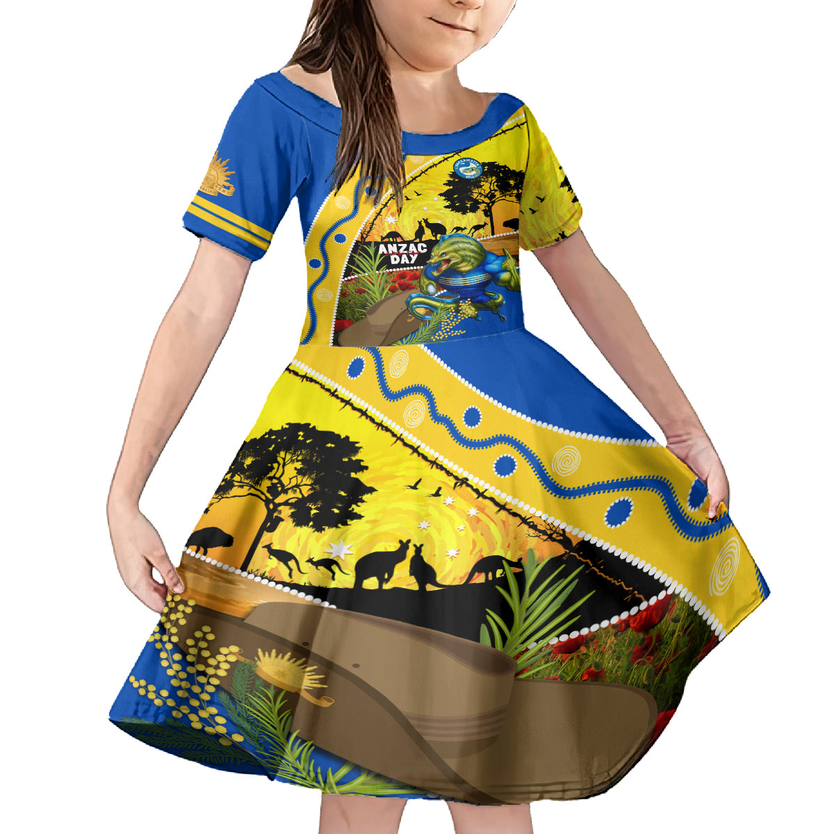 Eels Rugby ANZAC Day Kid Short Sleeve Dress Parra Mascot Rosemary Starry Night