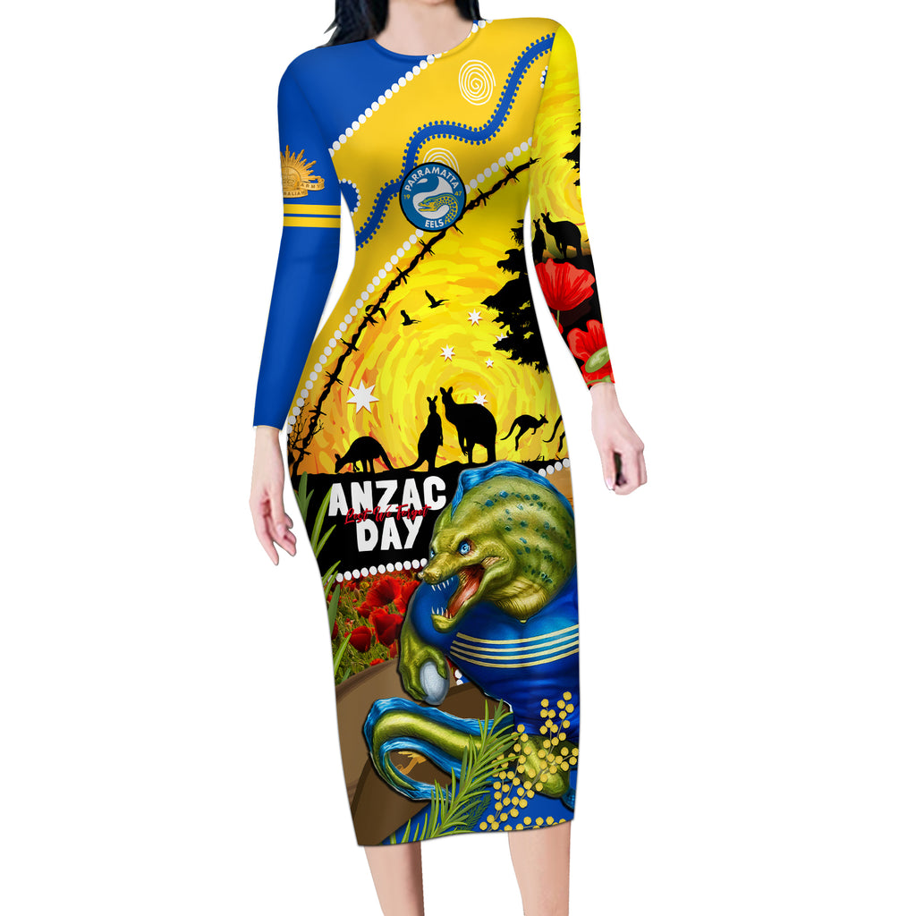 Eels Rugby ANZAC Day Long Sleeve Bodycon Dress Parra Mascot Rosemary Starry Night
