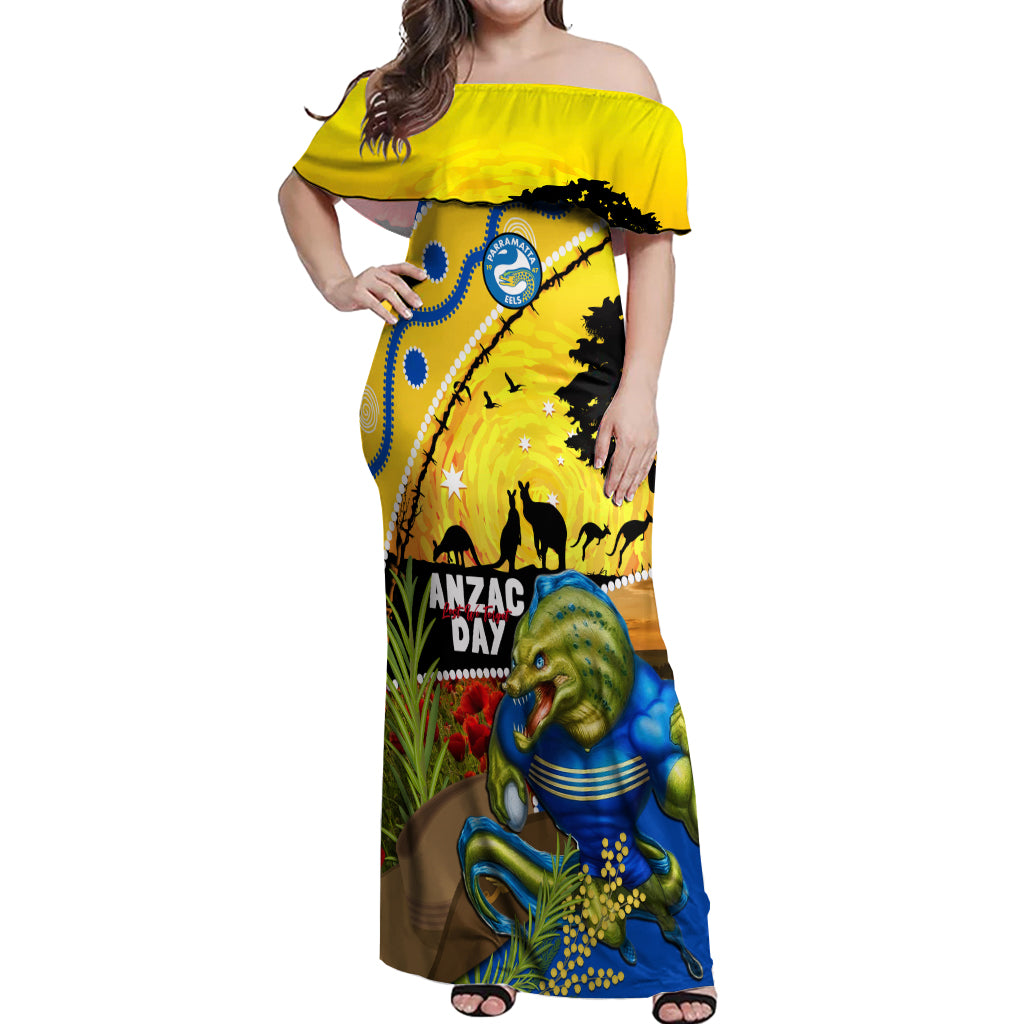 Eels Rugby ANZAC Day Off Shoulder Maxi Dress Parra Mascot Rosemary Starry Night