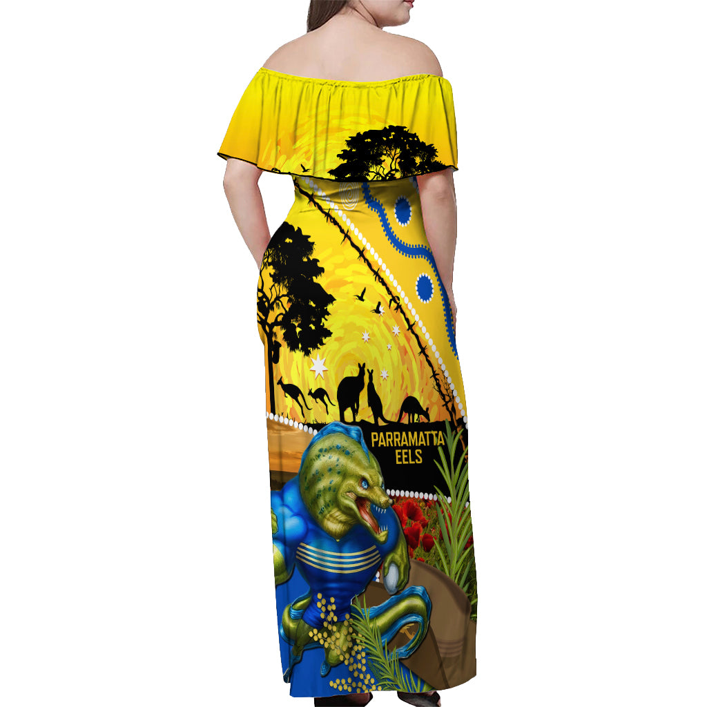 Eels Rugby ANZAC Day Off Shoulder Maxi Dress Parra Mascot Rosemary Starry Night