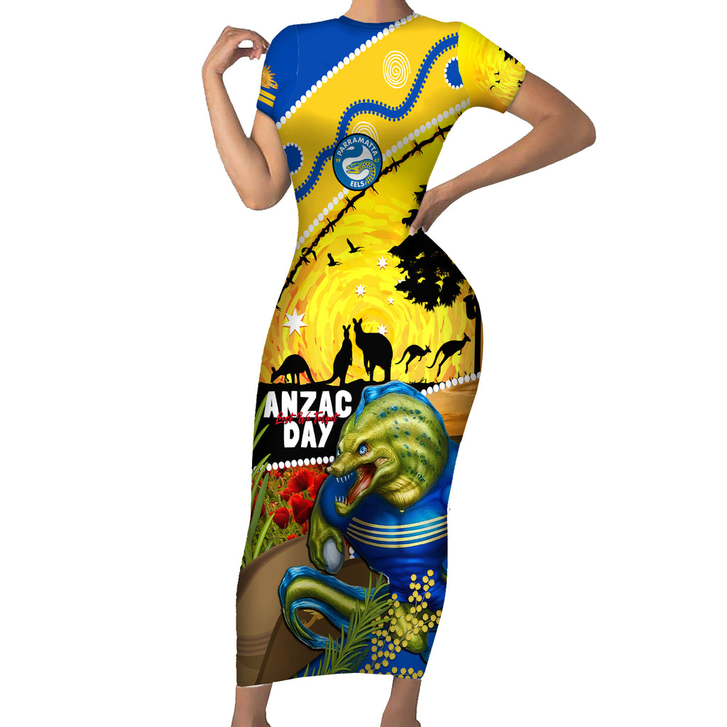 Eels Rugby ANZAC Day Short Sleeve Bodycon Dress Parra Mascot Rosemary Starry Night