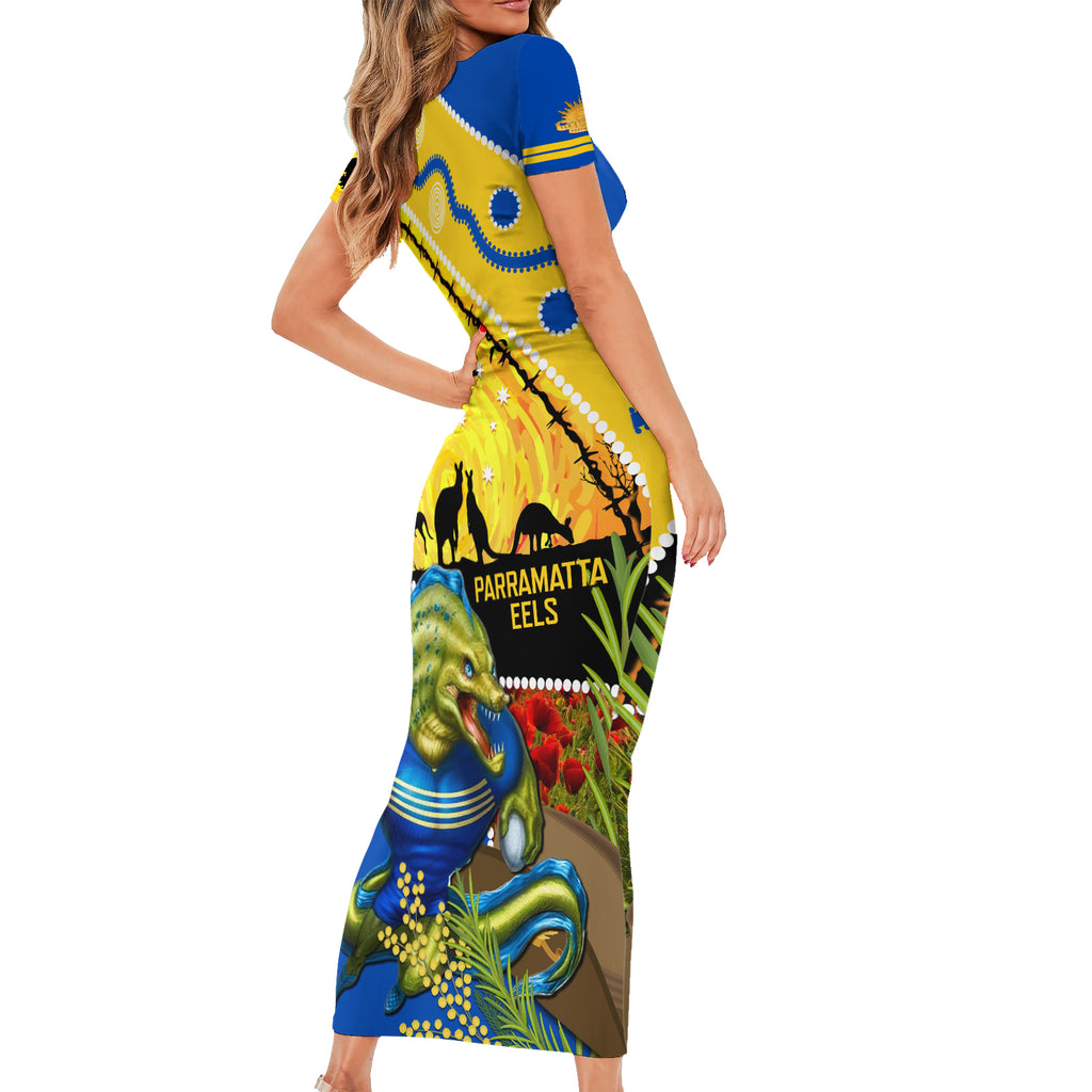 Eels Rugby ANZAC Day Short Sleeve Bodycon Dress Parra Mascot Rosemary Starry Night