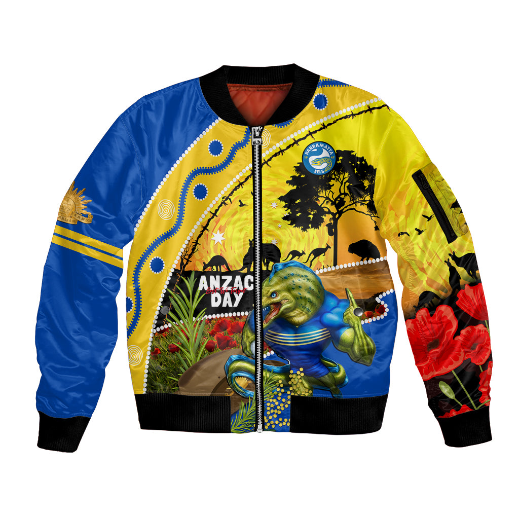 Eels Rugby ANZAC Day Sleeve Zip Bomber Jacket Parra Mascot Rosemary Starry Night