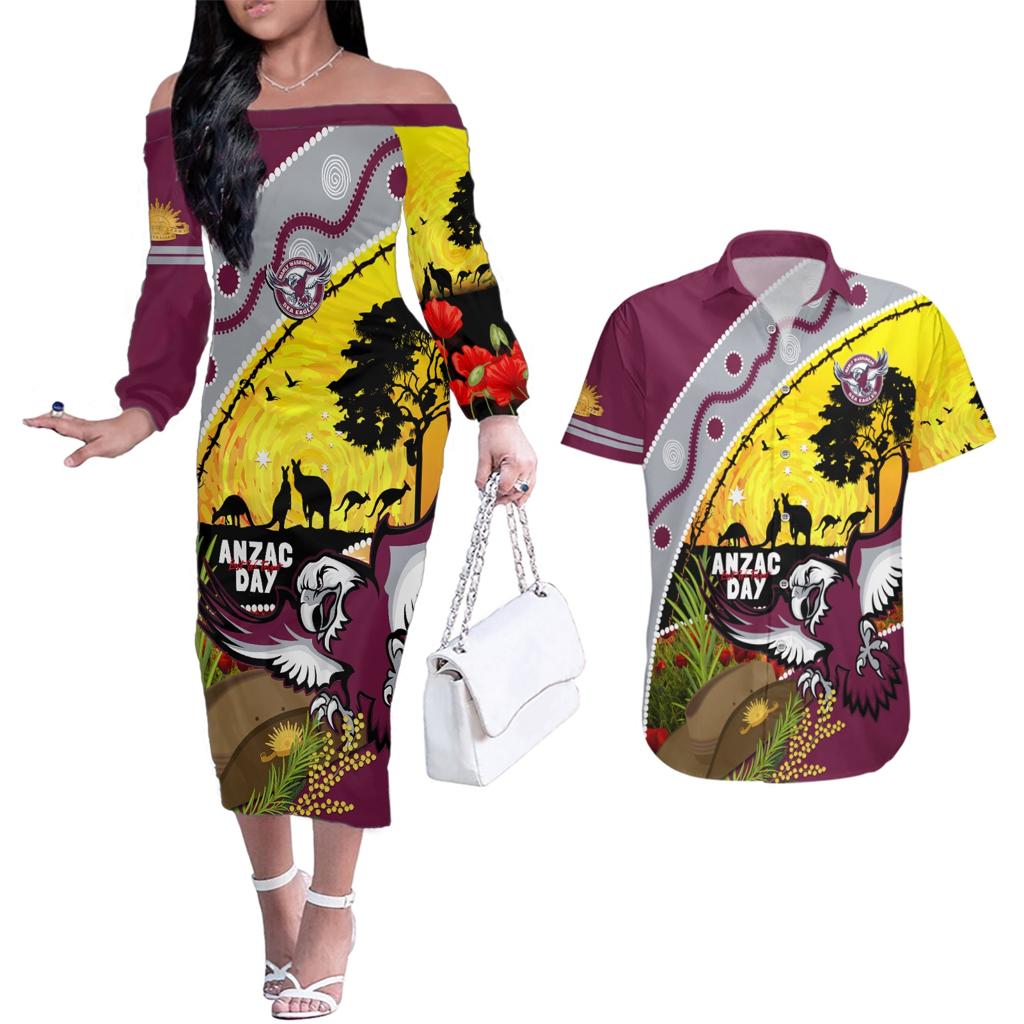 Eagles Rugby ANZAC Day Couples Matching Off The Shoulder Long Sleeve Dress and Hawaiian Shirt Silvertails Rosemary Starry Night