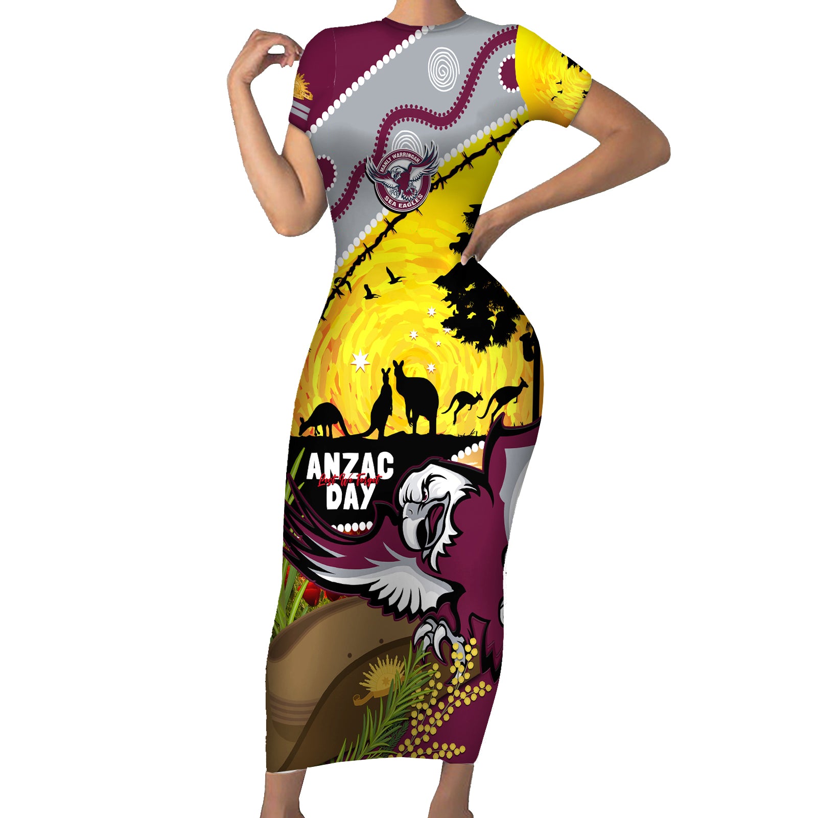 Eagles Rugby ANZAC Day Short Sleeve Bodycon Dress Silvertails Rosemary Starry Night