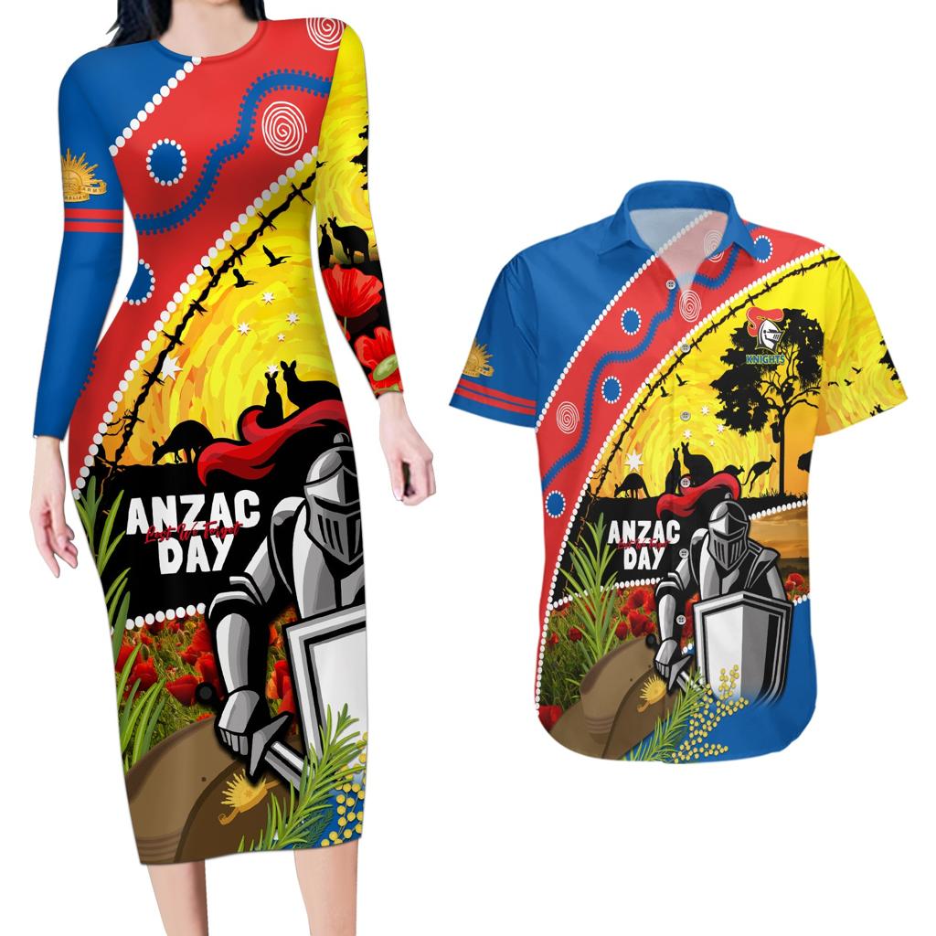 Knights Rugby ANZAC Day Couples Matching Long Sleeve Bodycon Dress and Hawaiian Shirt Novocastrians Mascot Rosemary Starry Night