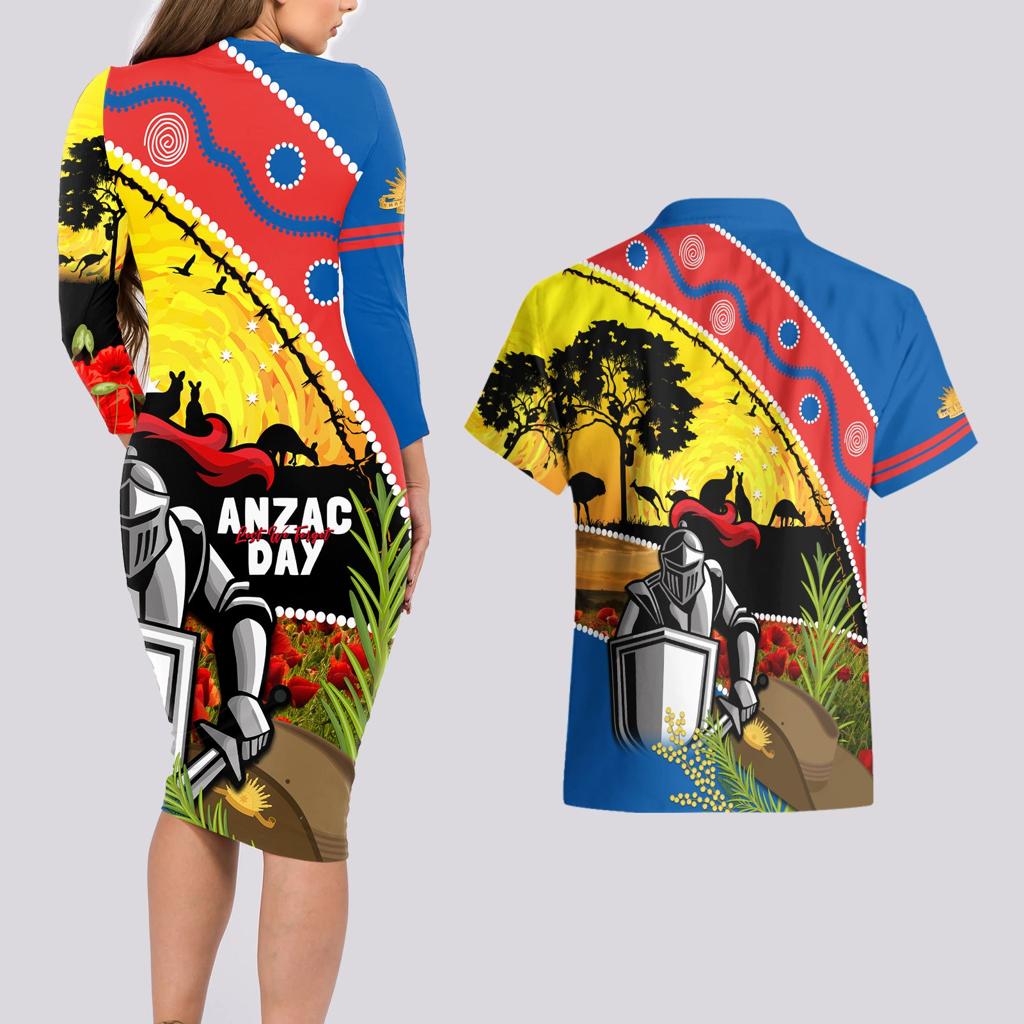 Knights Rugby ANZAC Day Couples Matching Long Sleeve Bodycon Dress and Hawaiian Shirt Novocastrians Mascot Rosemary Starry Night
