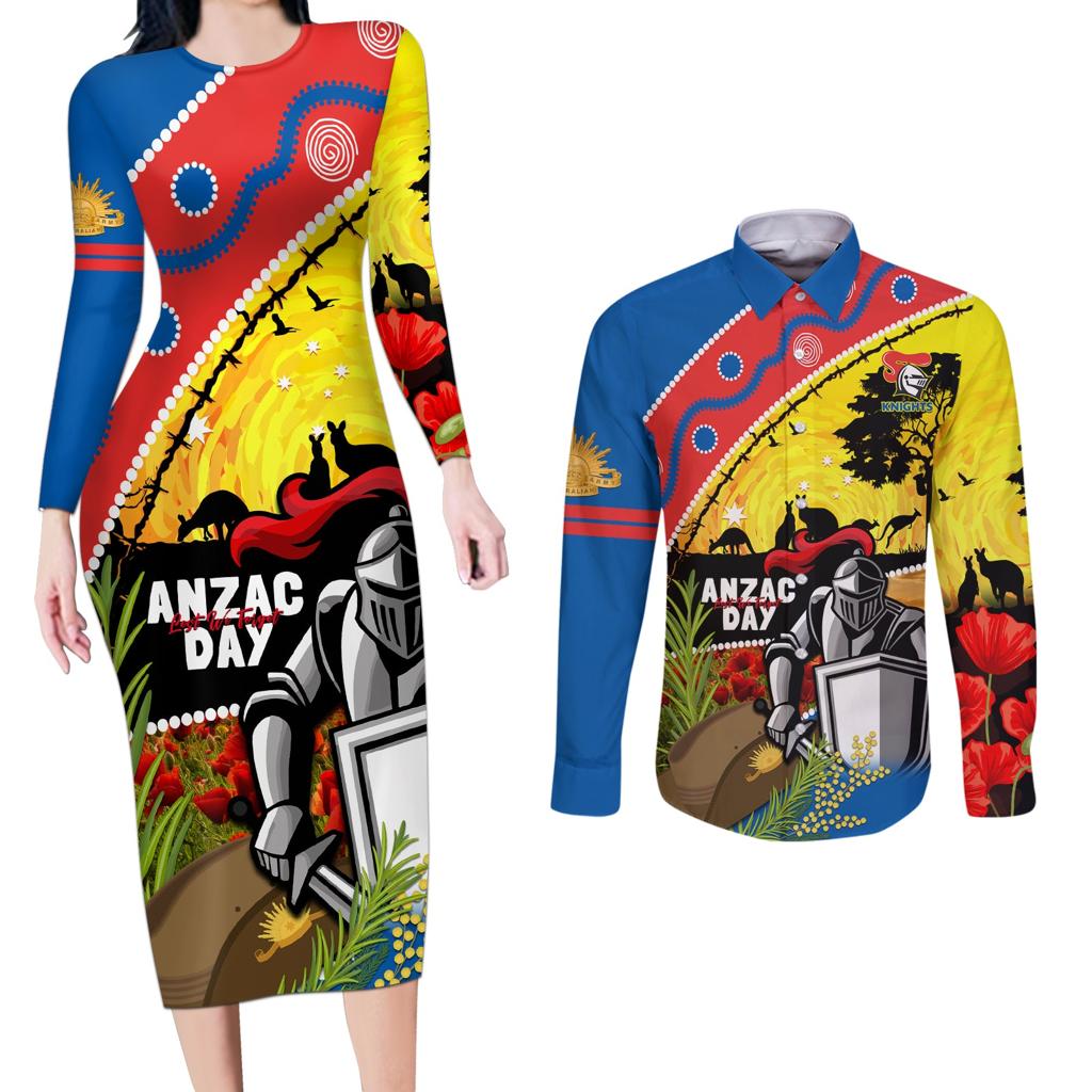 Knights Rugby ANZAC Day Couples Matching Long Sleeve Bodycon Dress and Long Sleeve Button Shirt Novocastrians Mascot Rosemary Starry Night