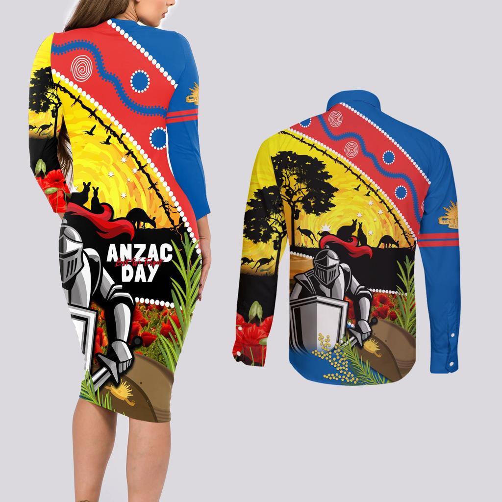 Knights Rugby ANZAC Day Couples Matching Long Sleeve Bodycon Dress and Long Sleeve Button Shirt Novocastrians Mascot Rosemary Starry Night