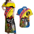 Knights Rugby ANZAC Day Couples Matching Off Shoulder Maxi Dress and Hawaiian Shirt Novocastrians Mascot Rosemary Starry Night