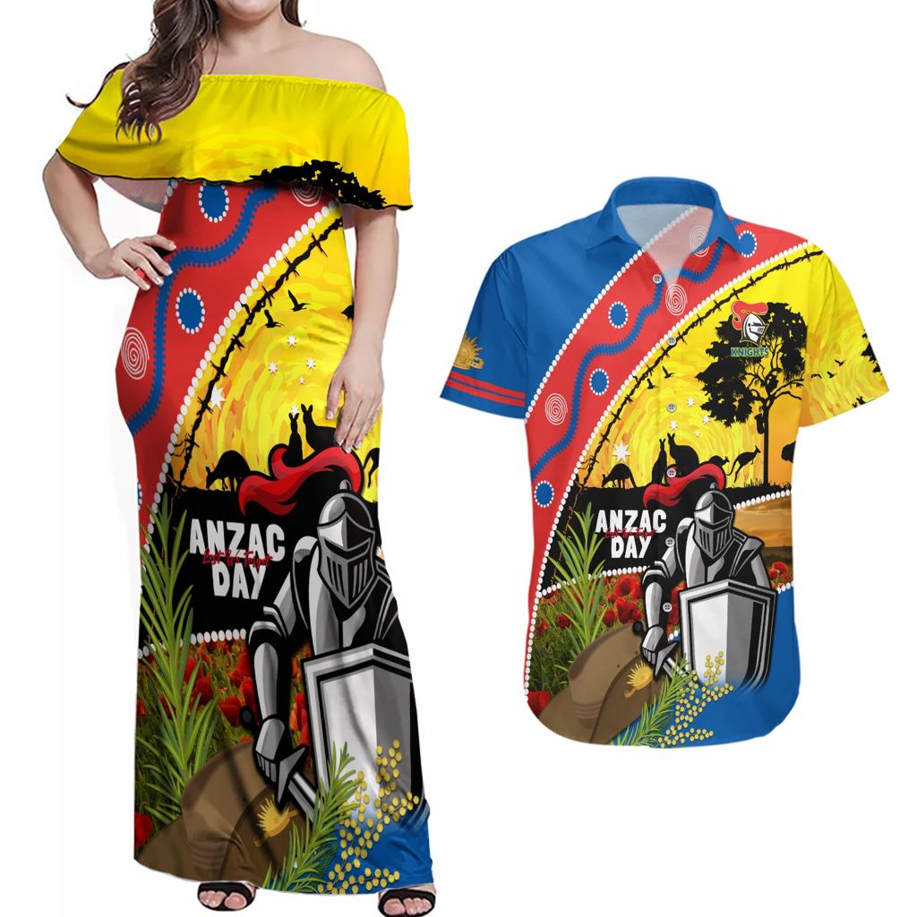 Knights Rugby ANZAC Day Couples Matching Off Shoulder Maxi Dress and Hawaiian Shirt Novocastrians Mascot Rosemary Starry Night