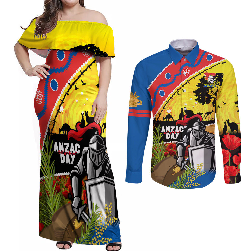 Knights Rugby ANZAC Day Couples Matching Off Shoulder Maxi Dress and Long Sleeve Button Shirt Novocastrians Mascot Rosemary Starry Night
