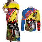 Knights Rugby ANZAC Day Couples Matching Off Shoulder Maxi Dress and Long Sleeve Button Shirt Novocastrians Mascot Rosemary Starry Night