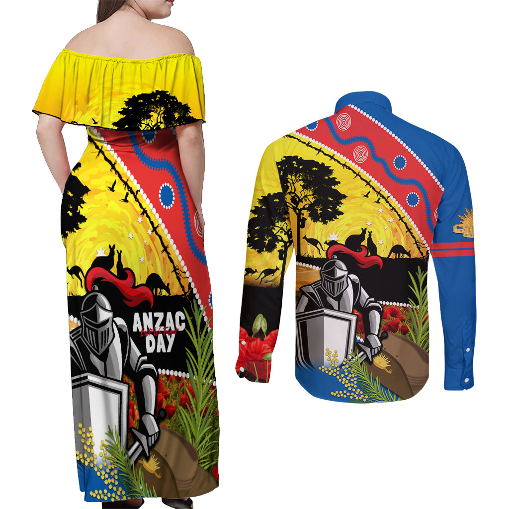 Knights Rugby ANZAC Day Couples Matching Off Shoulder Maxi Dress and Long Sleeve Button Shirt Novocastrians Mascot Rosemary Starry Night