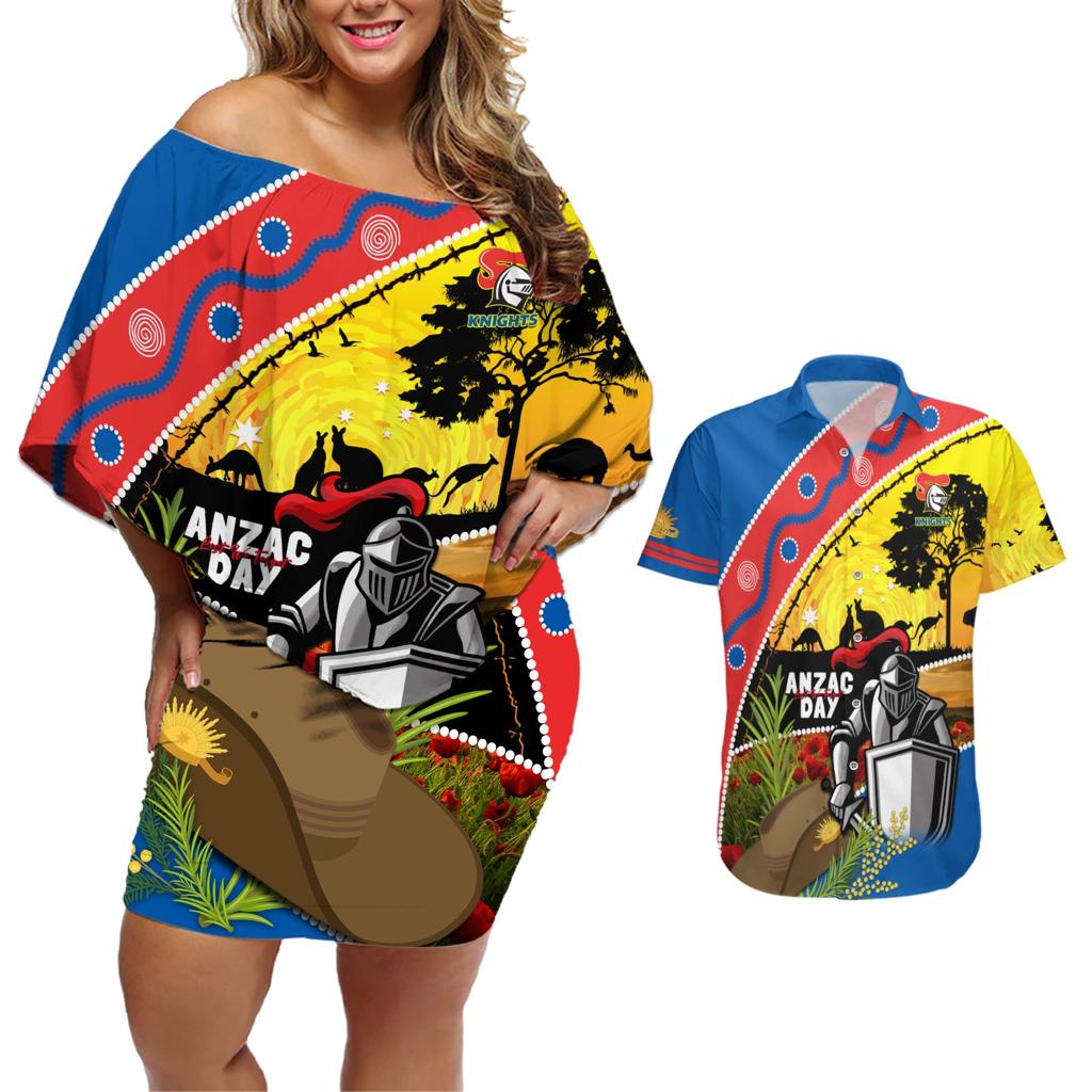 Knights Rugby ANZAC Day Couples Matching Off Shoulder Short Dress and Hawaiian Shirt Novocastrians Mascot Rosemary Starry Night